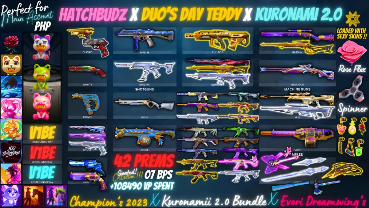 Valorant PHP Account | 42 Premium Skins | Champions 2023, Kuronami 2.0, Evori Dreamwings, 7 Battle Passes + Rare Buddies