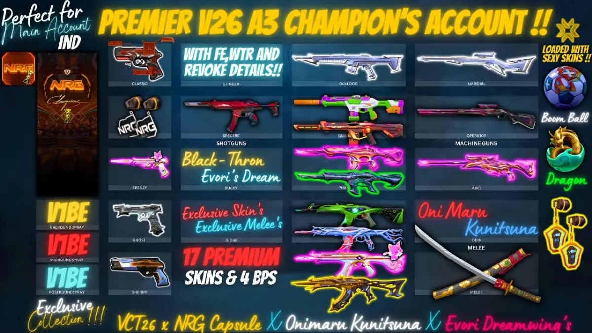 Premier V26 A3 Champions Account — VCT26 x NRG Capsule x Onimaru Kunitsuna | (FE), 17 Prems