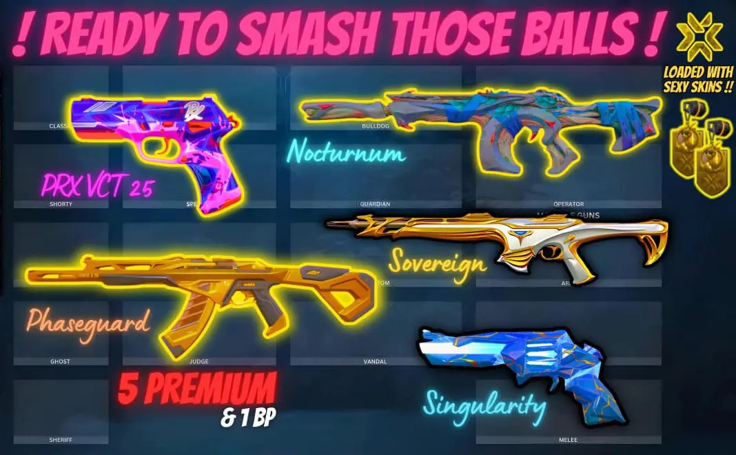 BUDGET BEAST|PHASEGUARD VANDAL| NOCTURNUM PHANTOM| PRX 25 CLASSIC |SINGULARITY SHERIFF | SOVEREIGN GUARDIAN | 1 BATTLEPASS 430 VP EXTRA|