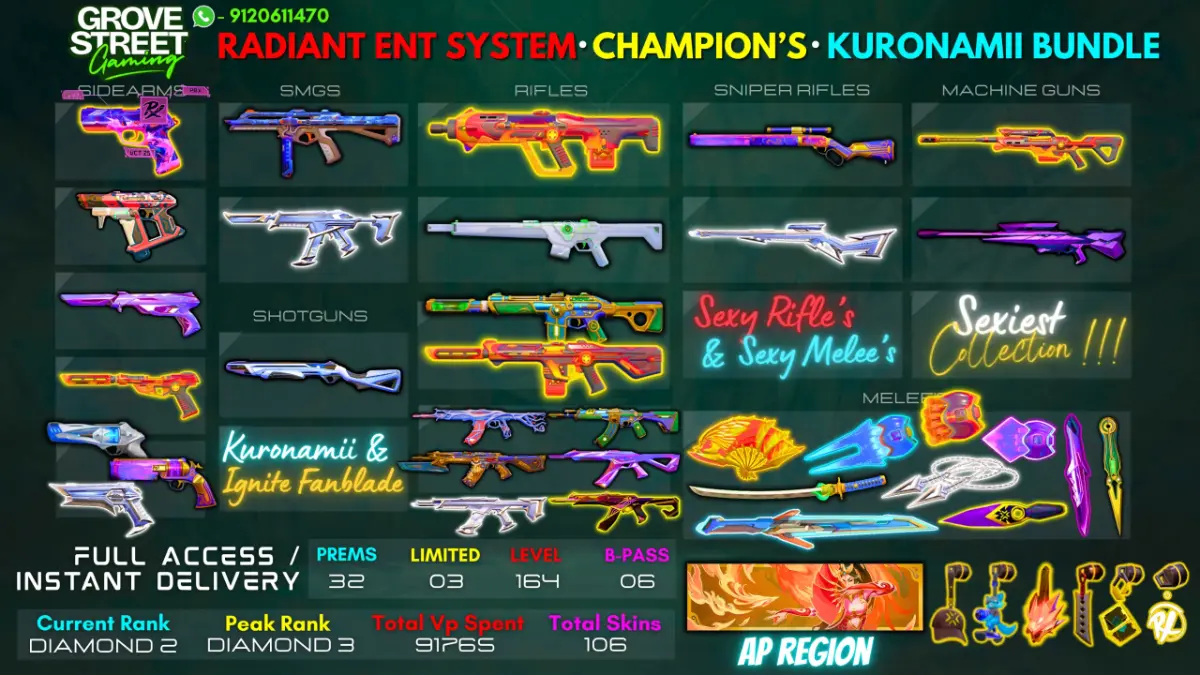 🎯 105 SKIN - IGNITE FAN + KURONAMI BUNDLE + CHAMPIONS 2023 BUNDLE + R.E.S BUNDLE + VCT 25 x PRX & MORE! [GSG21]