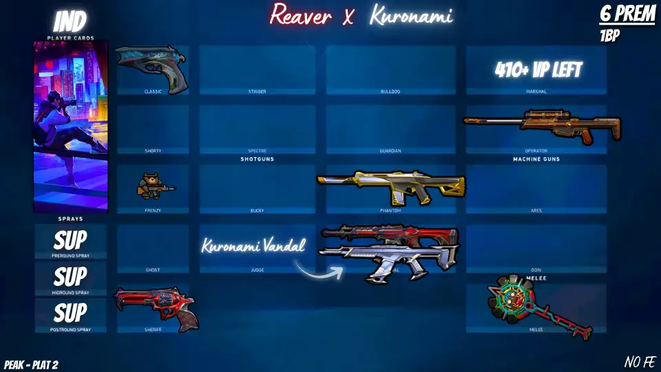 Valorant Account | Kuronami Vandal, Reaver Sheriff, Reaver Vandal, Prime Phantom, Magepunk Operator, Nocturnum Classic, Obsidiana Melee | Plat Peak