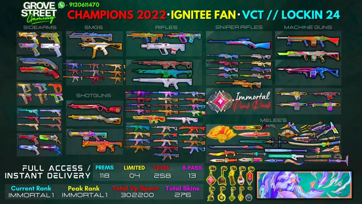 🎯 299 SKINS - PEAK RANK IMMORTAL - VCT KNIFE + IGNITE FAN + CHAMPIONS 2022 BUNDLE + 13 BATTLEPASSES & MORE! [GSG16]