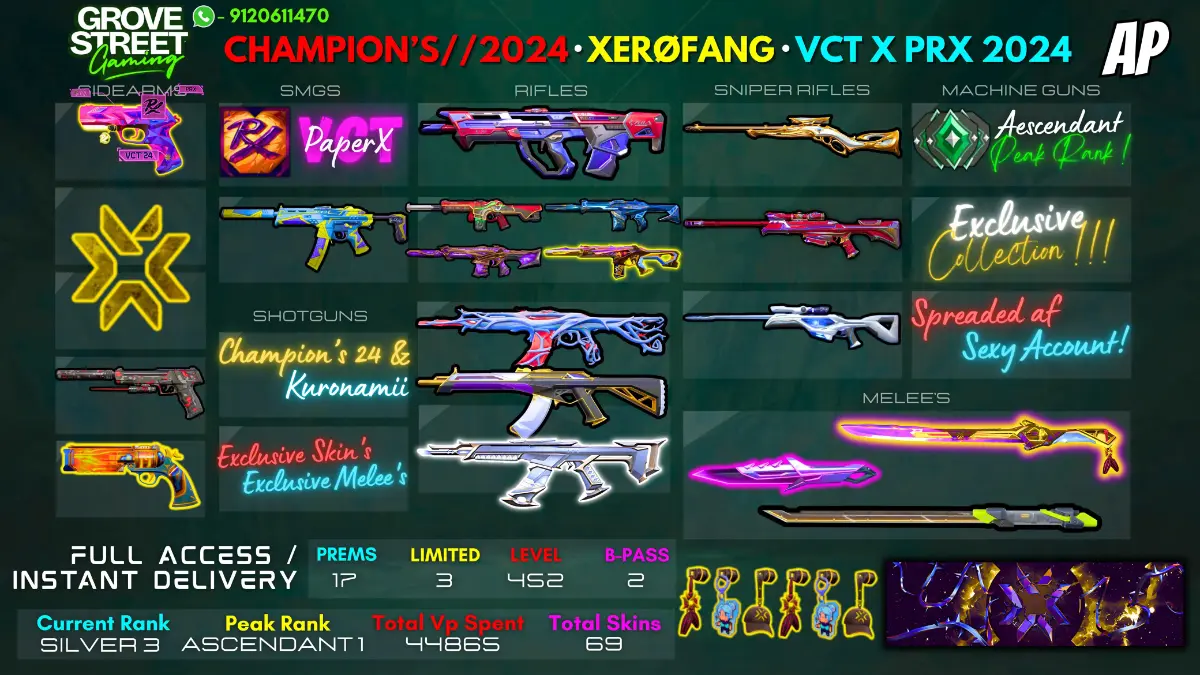 🎯 69 SKINS -  CHAMPIONS 2024 BUNDLE, XEROFANG, KURONAMI VANDAL, VCT CLASSIC + MORE! [GSG1]