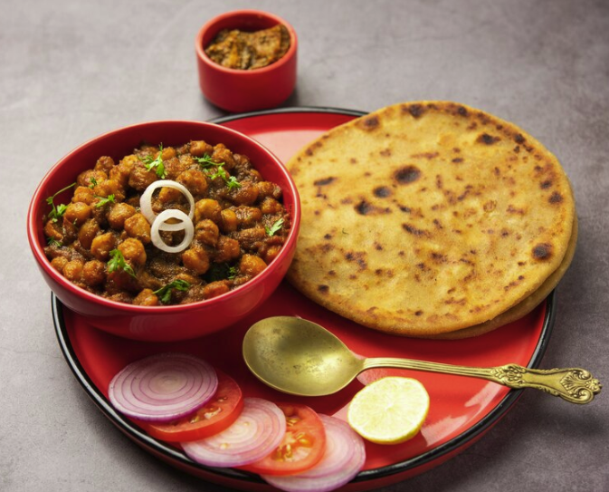 Paneer Paratha with Chole + Sweet Lassi image