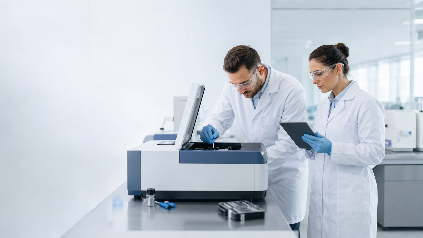Profesionales realizando soporte técnico preventivo a un equipo de laboratorio
