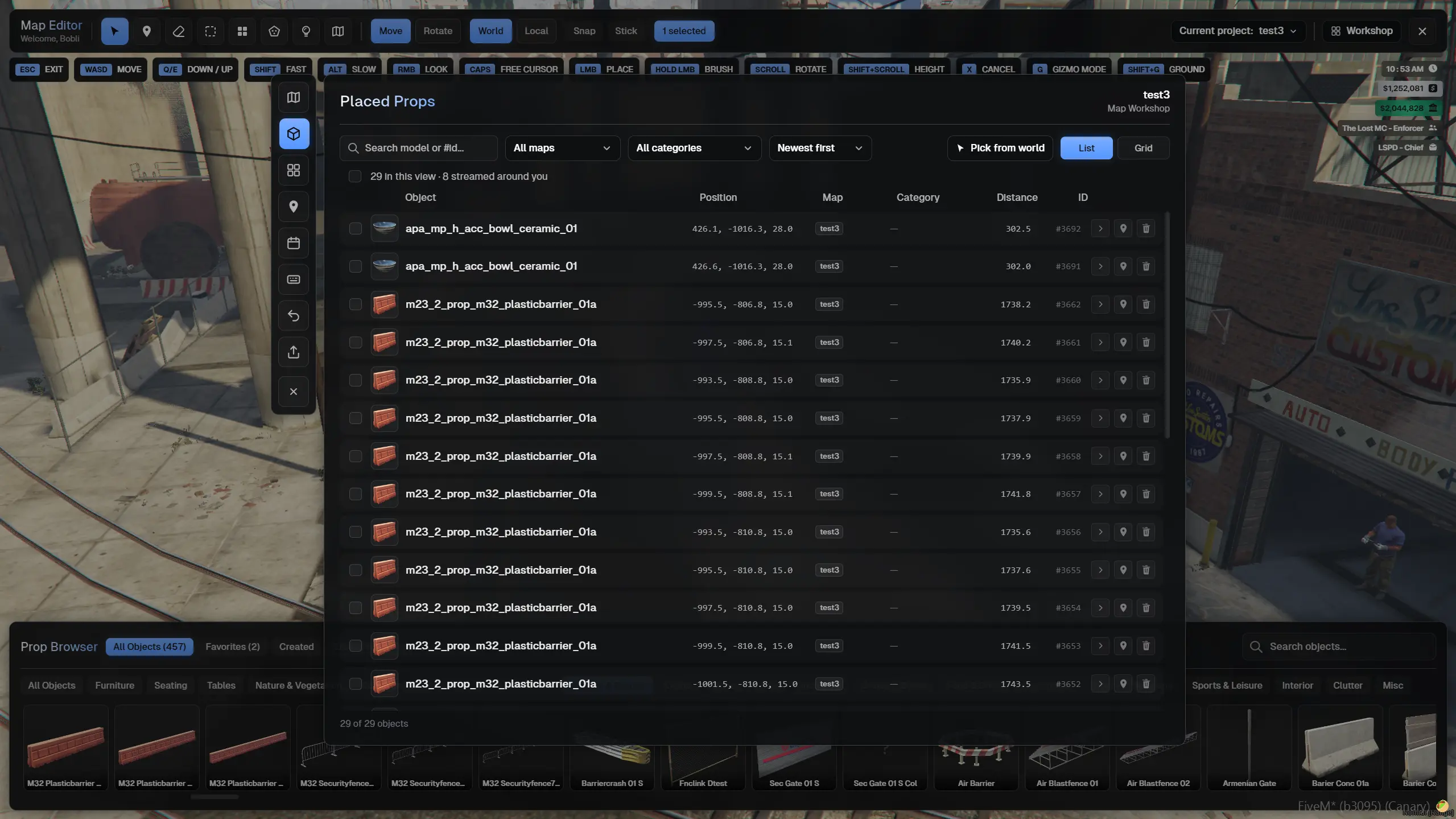 Placed Props List With Quick Actions